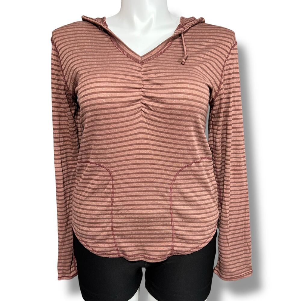 Y2K ExOfficio Womens XL Striped Hooded Shirt Top Ruched Lightweight Hoodie Boho